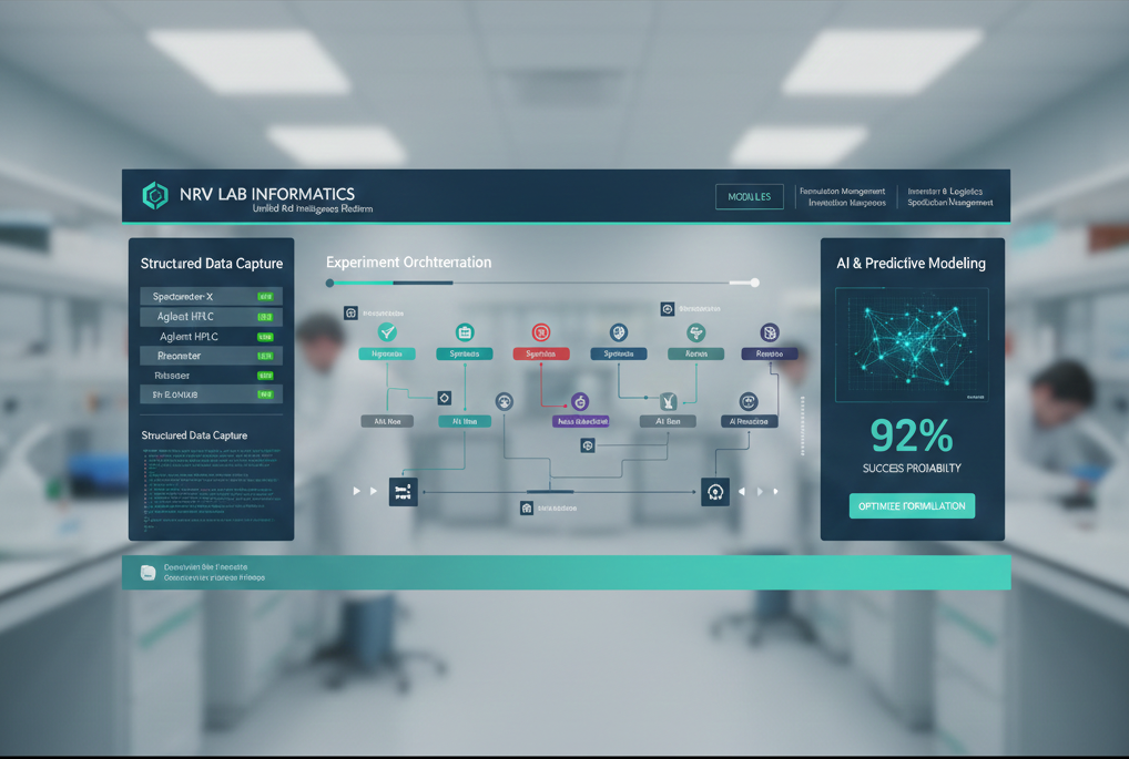 Advanced R&D LIMS Dashboard showing AI Predictive Modeling and Data Visualization for NRV Lab Informatics